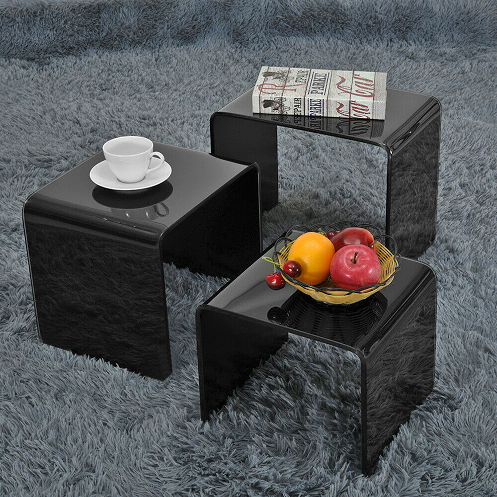 Set of 3 Glass Nest of Side Tables for Cafe Home Tea Coffee Curved Glass Table