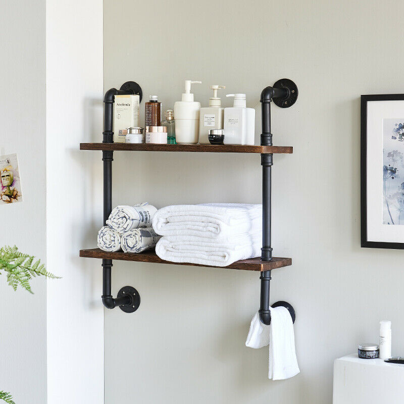 2 Tiers Industrial Floating Iron Pipe Shelf Retro DIY Wall Mounted Bracket