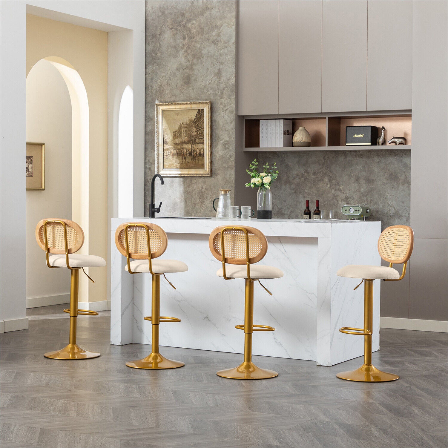 Bar Stools Set of 4 Swivel Bar Chairs Upholstered Velvet Gas Lift with Footrest