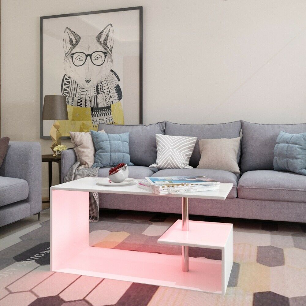 High Gloss RGB LED Lights Coffee Table Storage Side Table White Unit Living Room
