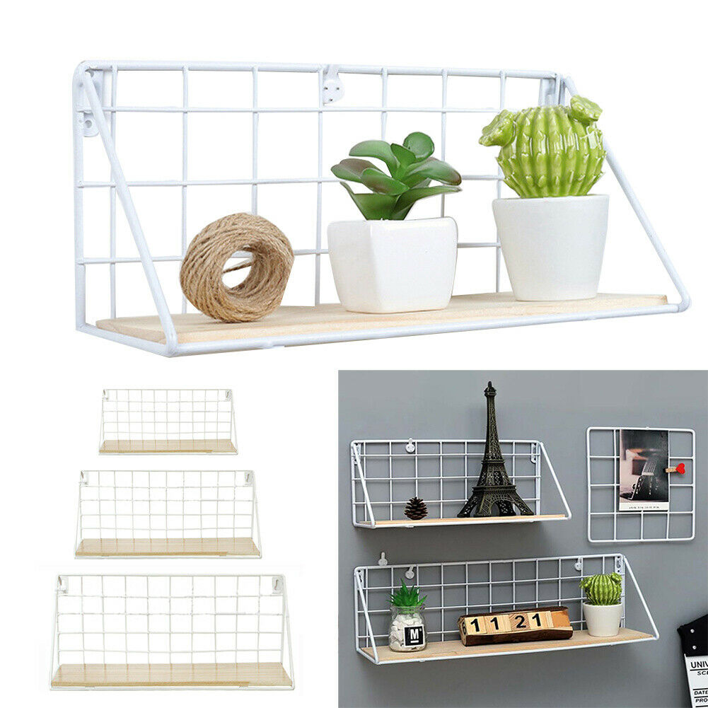 Industrial Wall Mounted Metal Wire Shelf Unit Floating Shelves Wood Storage Rack