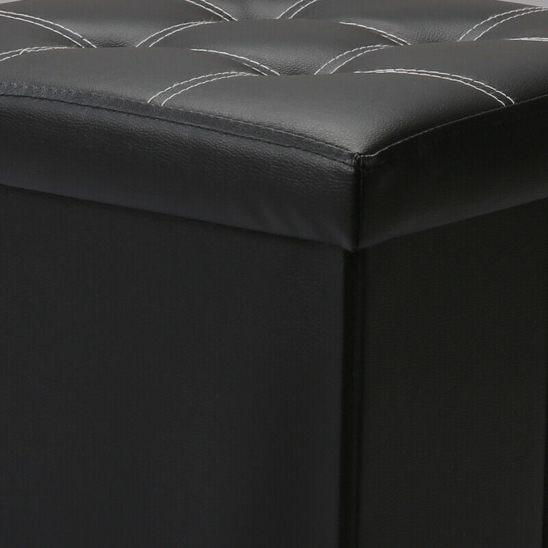LARGE FAUX LEATHER FOLDING OTTOMAN POUFFE FOOT STOOL STORAGE BOX BLACK SINGLE