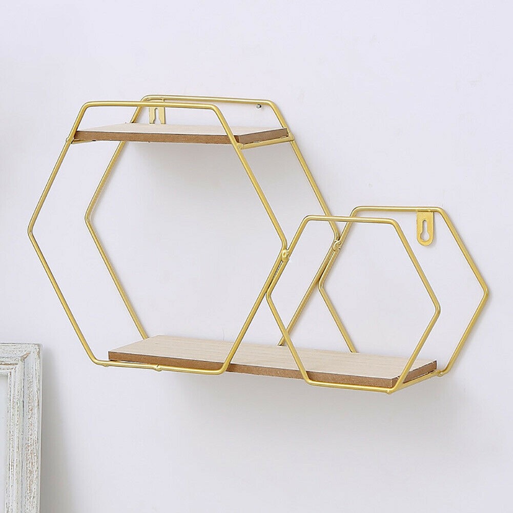 Hexagon Wall Mounted Shelf Display Rack Gold Metal Storage Shelving Home Decor