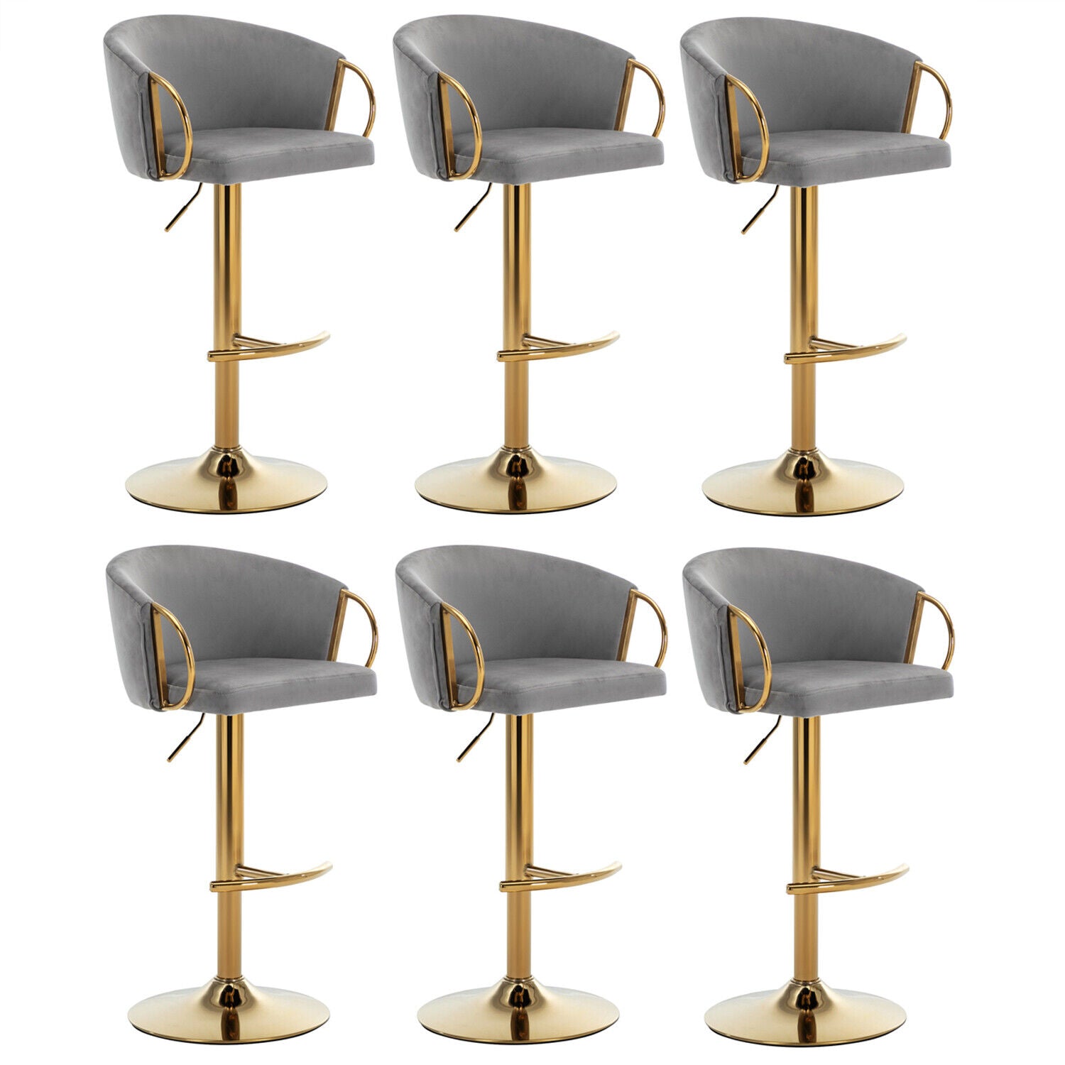 Bar Stools Set of 6 Adjustable Height Swivel Velvet Pub Bar Lounge Chairs Grey