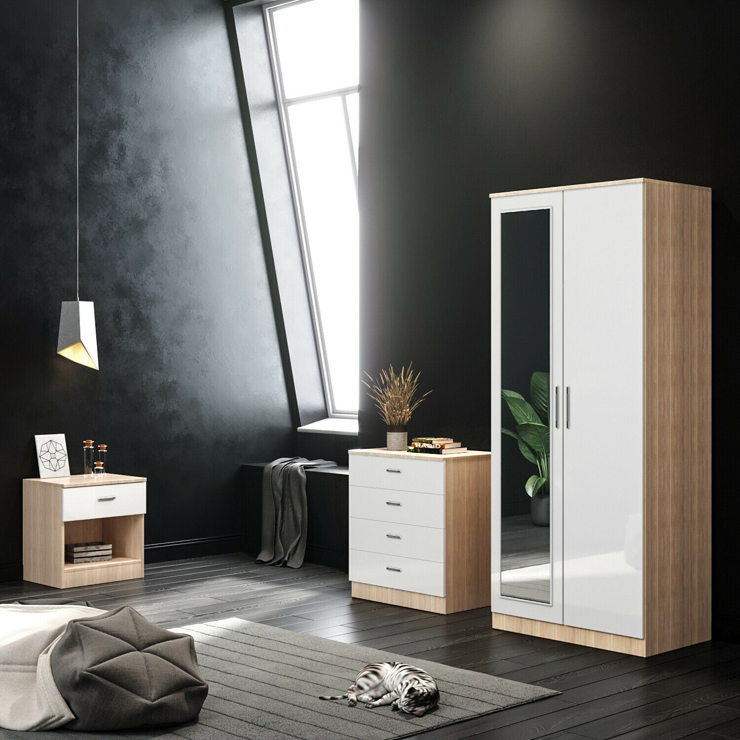 High Gloss 3 Piece Bedroom Furniture Sets Wardrobe Chest Bedside Free Delivery