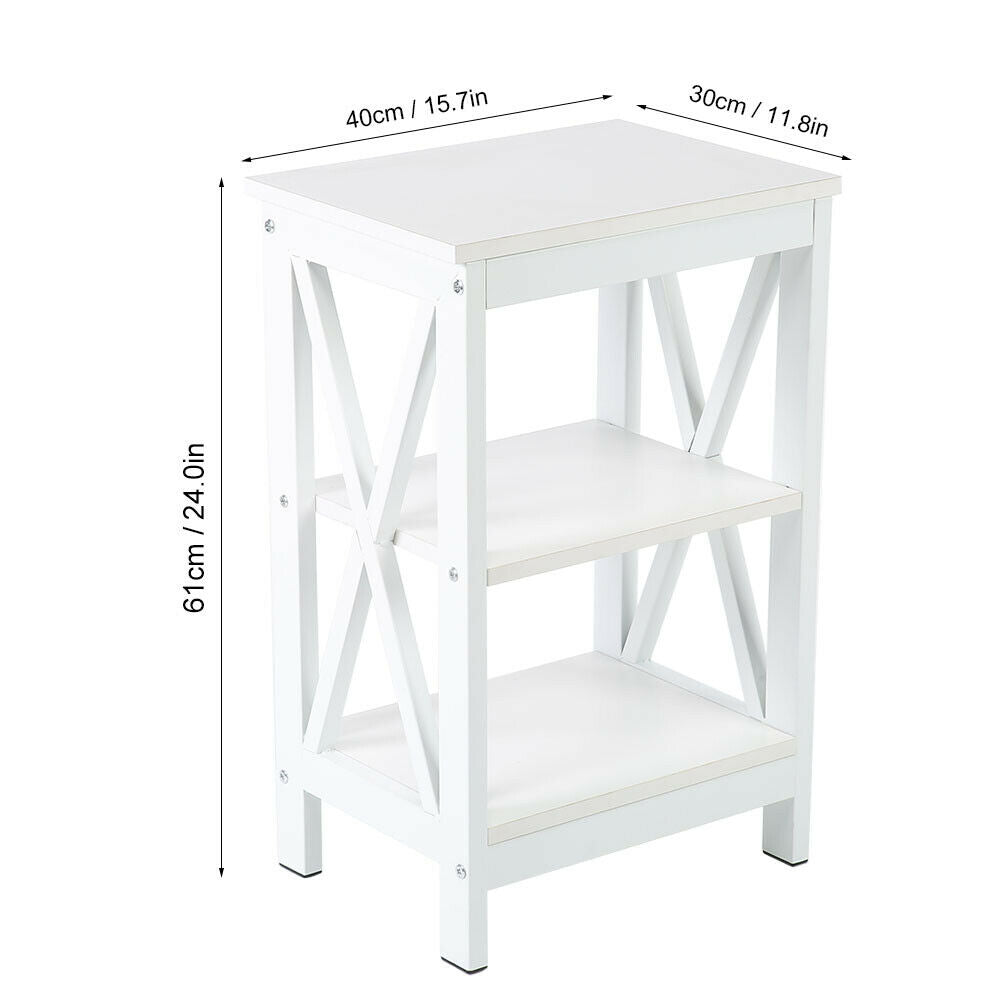 White Bedside Table Wooden Nightstand Lamp Table with 2 Shelves Sofa Side Table
