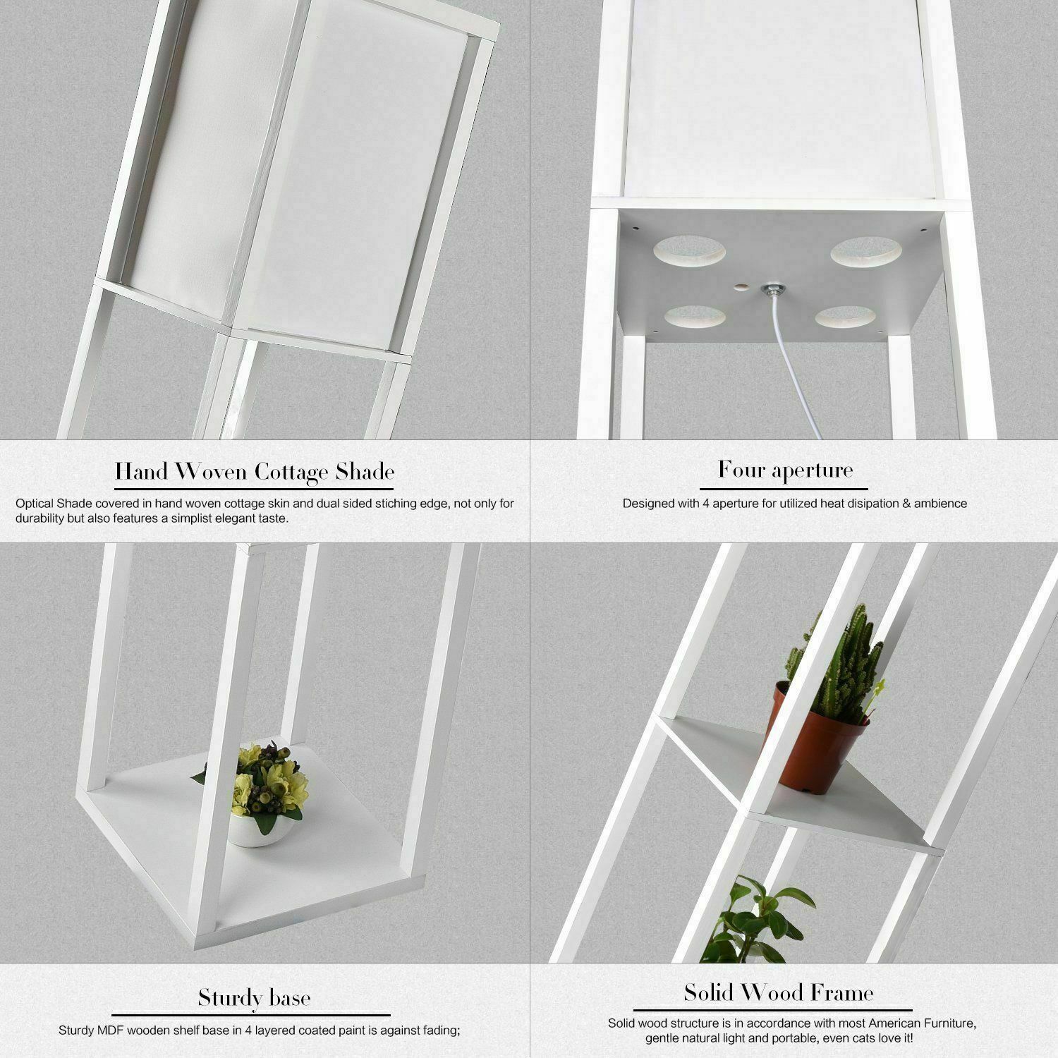 3-Tier Shelf Floor Lamp with Shade Free Standing Standard Light Storage White