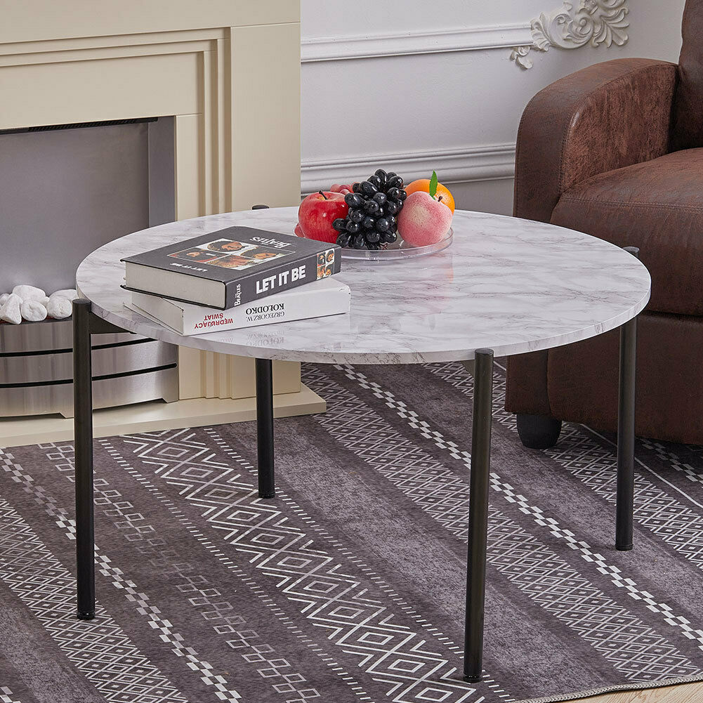 Modern Round Coffee Table Living Room Marble Effect Wooden Top Metal Leg Table