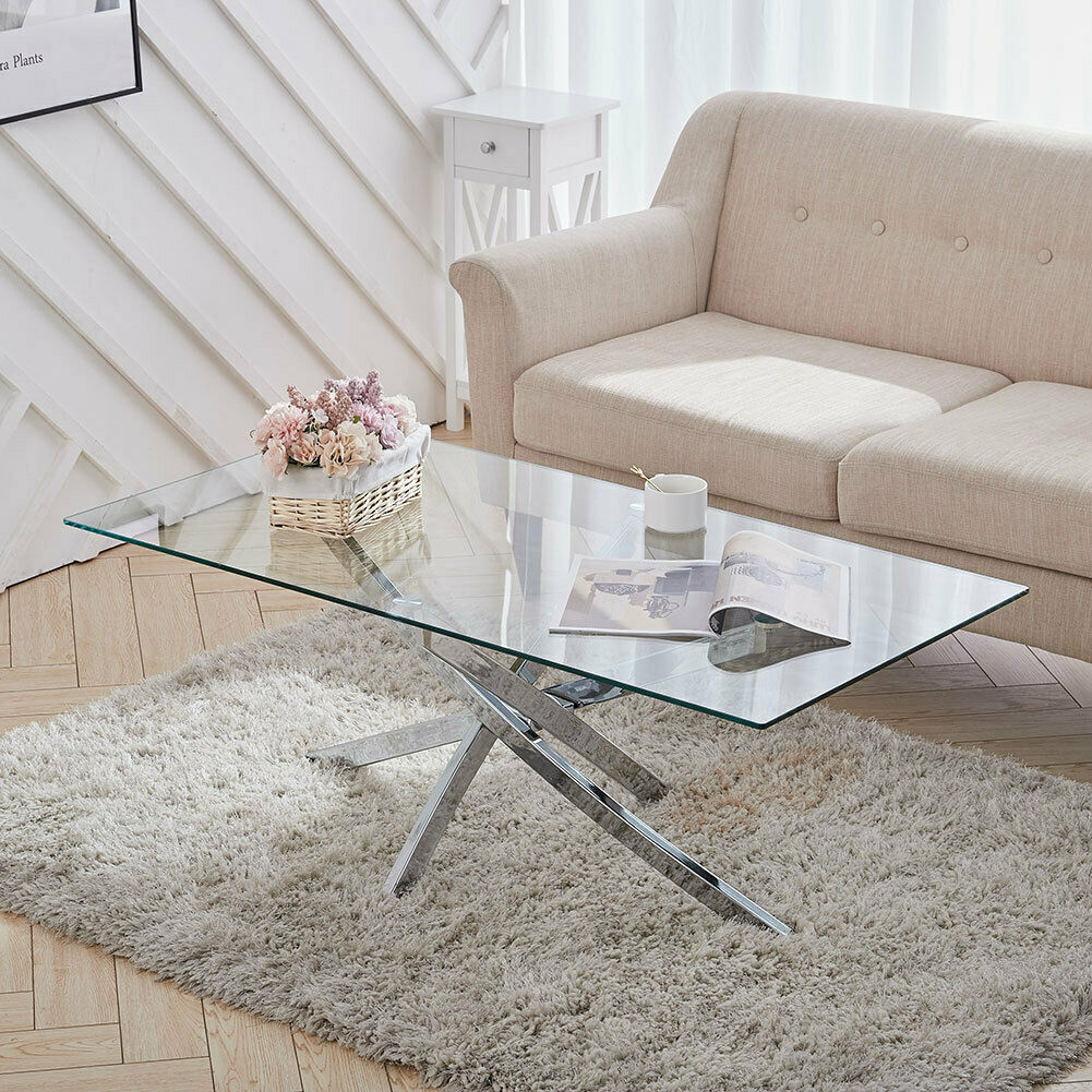 Rectangle Glass Coffee Table With Chrome Cross Legs Modern Living Room Furniture