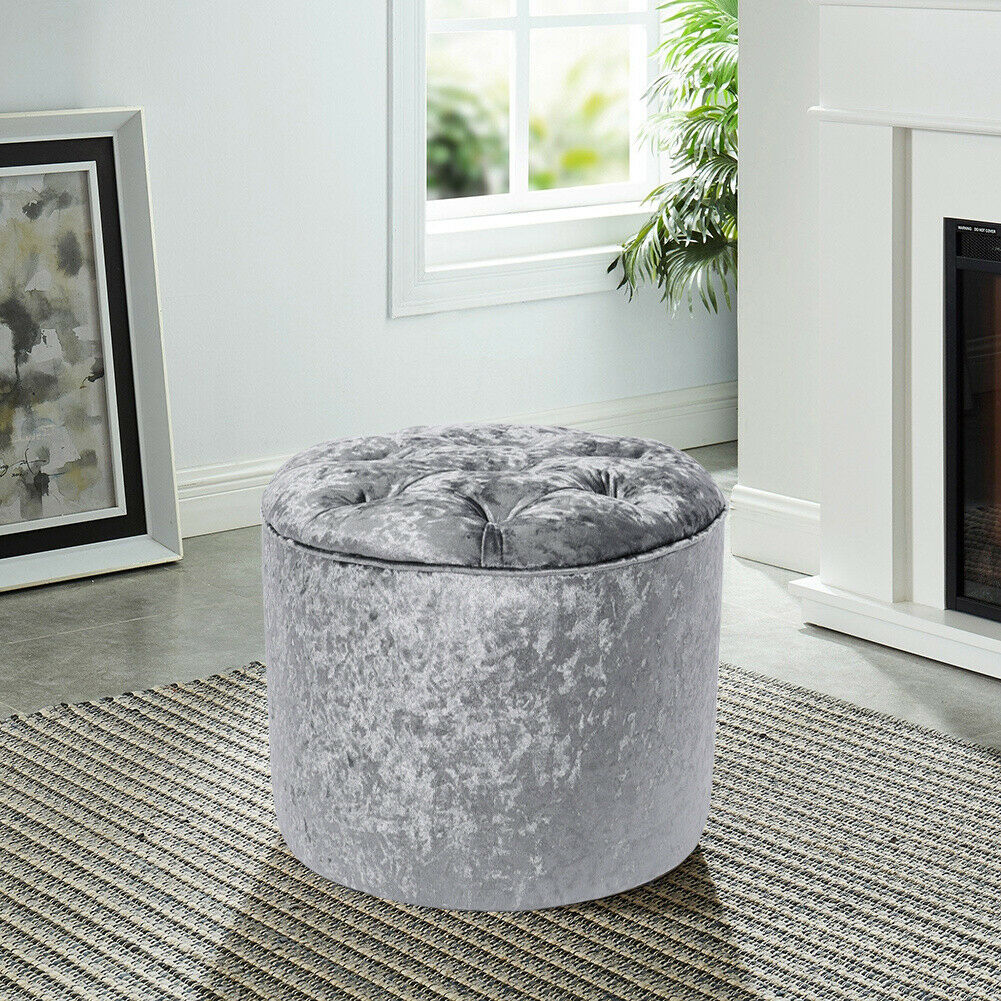 Silver Grey Crushed Velvet Pouffe Stool Diamante Round Ottoman Footrest Seat