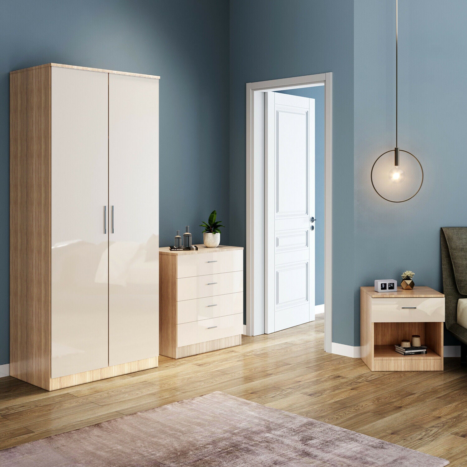 High Gloss 2 Door Wardrobe Mirrored Bedroom Furniture 3 pcs Set Large Storage