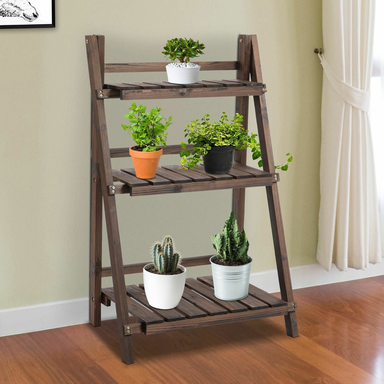 3-Tier Wooden Shelf Foldable Flower Pots Holder Stand Indoor Outdoor