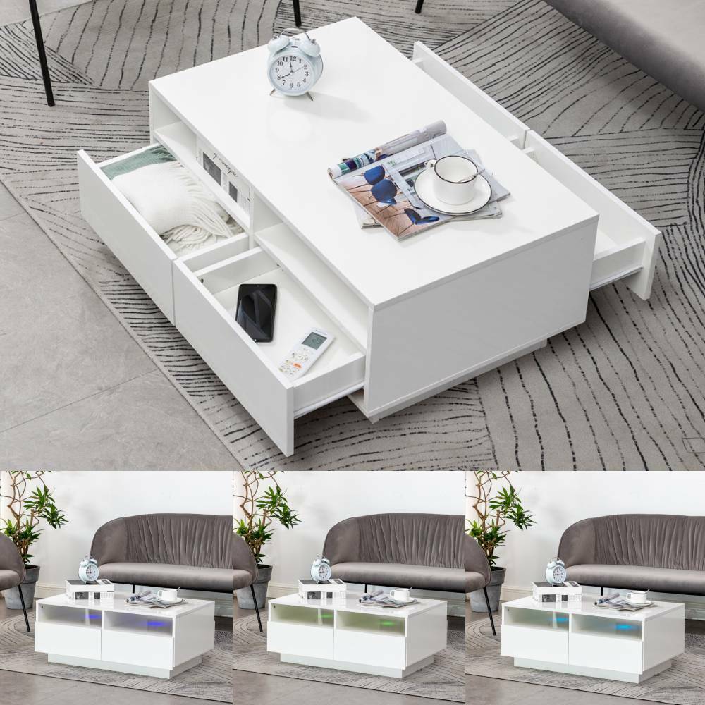 LED Light High Gloss Coffee Table Storage Shelf and 4 Drawers Home Living Room