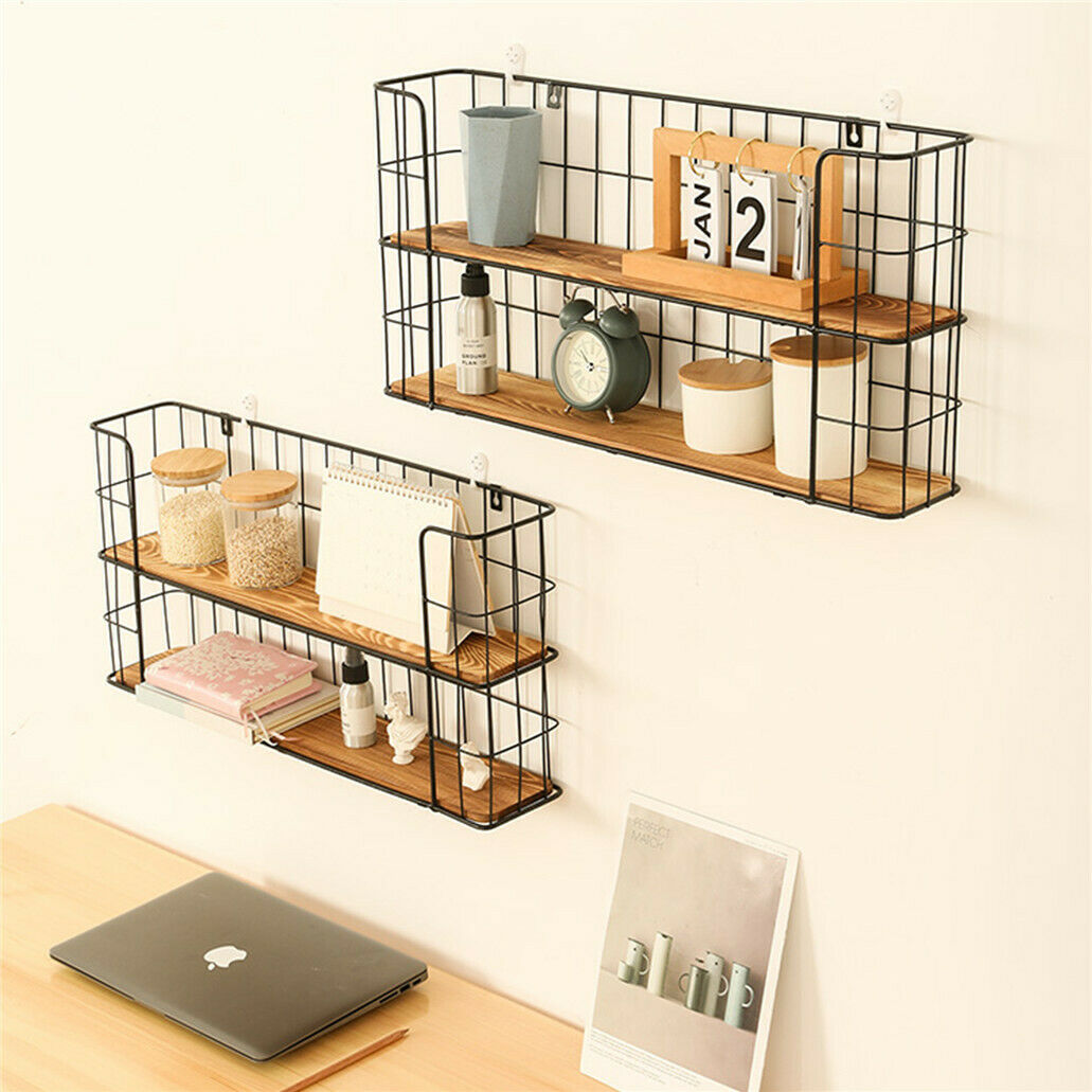 2 Tier Wall Mounted Metal Wire Wood Shelf Floating Shelves Kitchen Storage Rack