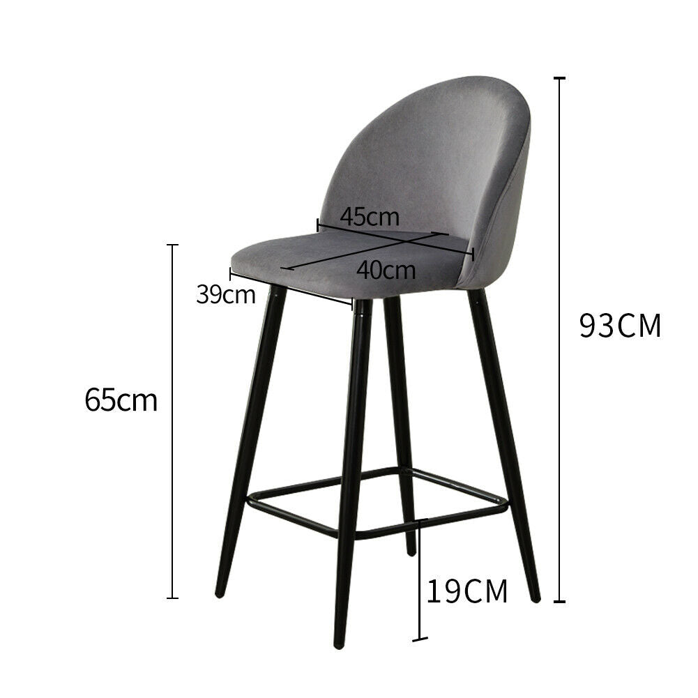 2× Grey Kitchen Breakfast Bar Stools Velvet Padded Seat Metal Legs Modern Pub