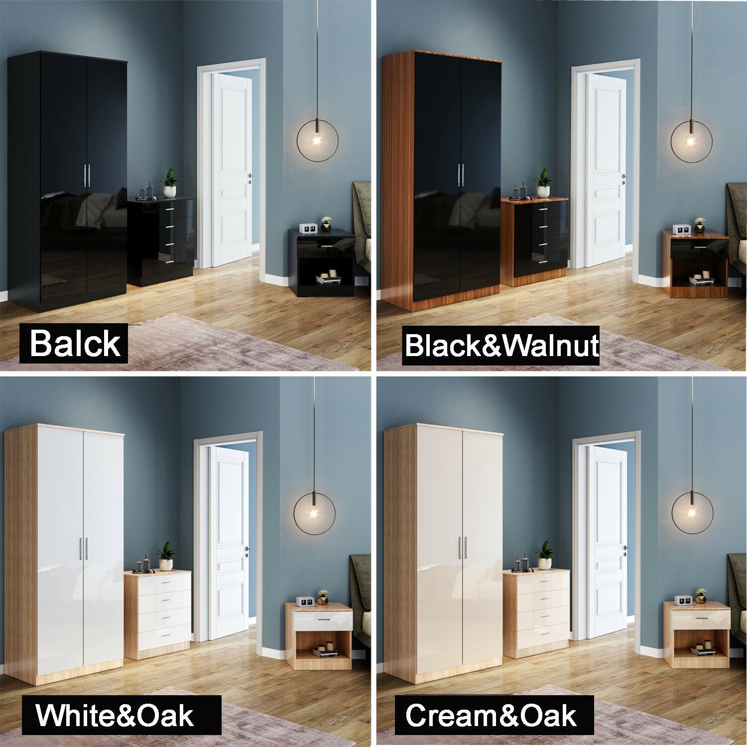 High Gloss 2 Door Wardrobe Mirrored Bedroom Furniture 3 pcs Set Large Storage