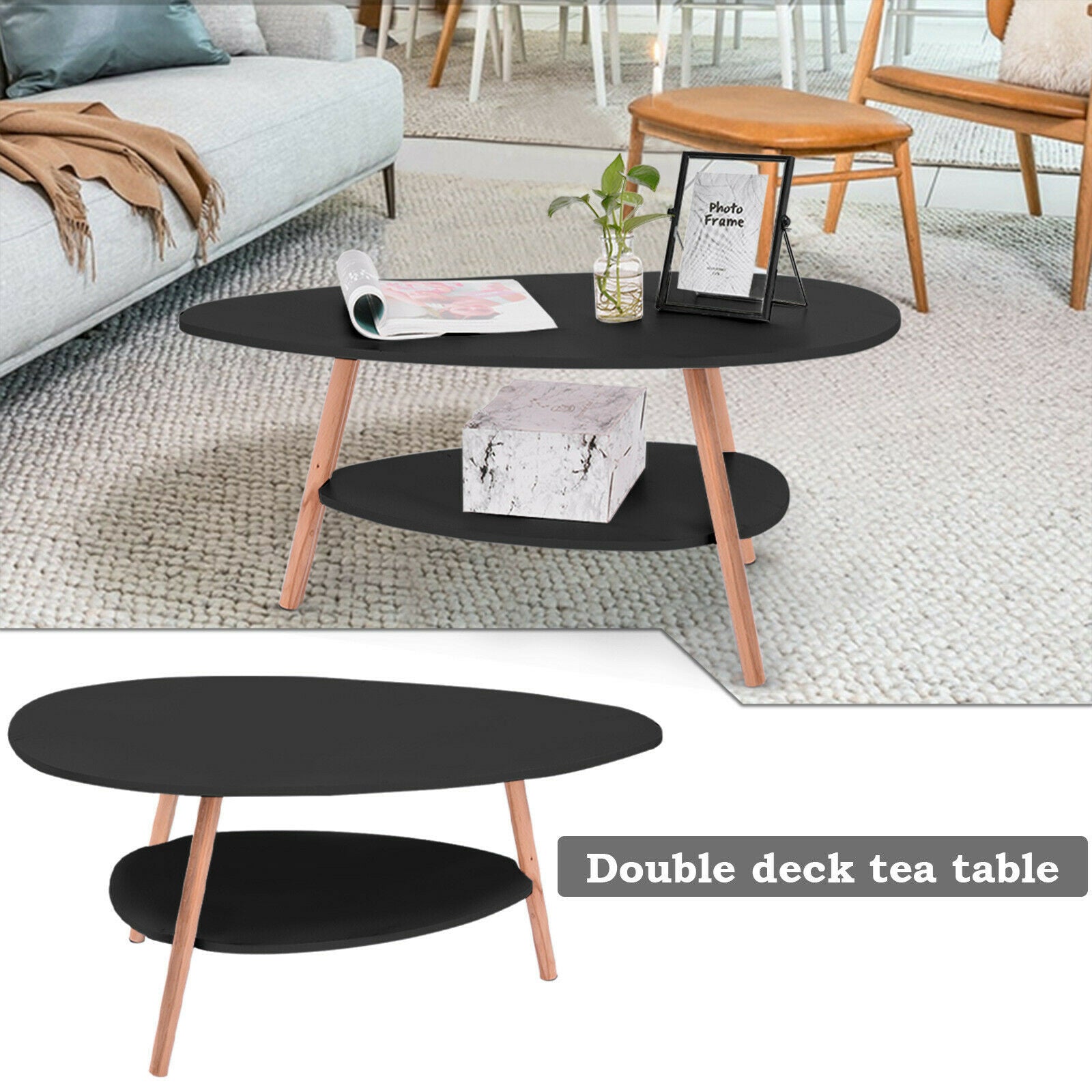 Coffee Table Wooden Legs Side Table Living Room Balcony Home Office Oval Design