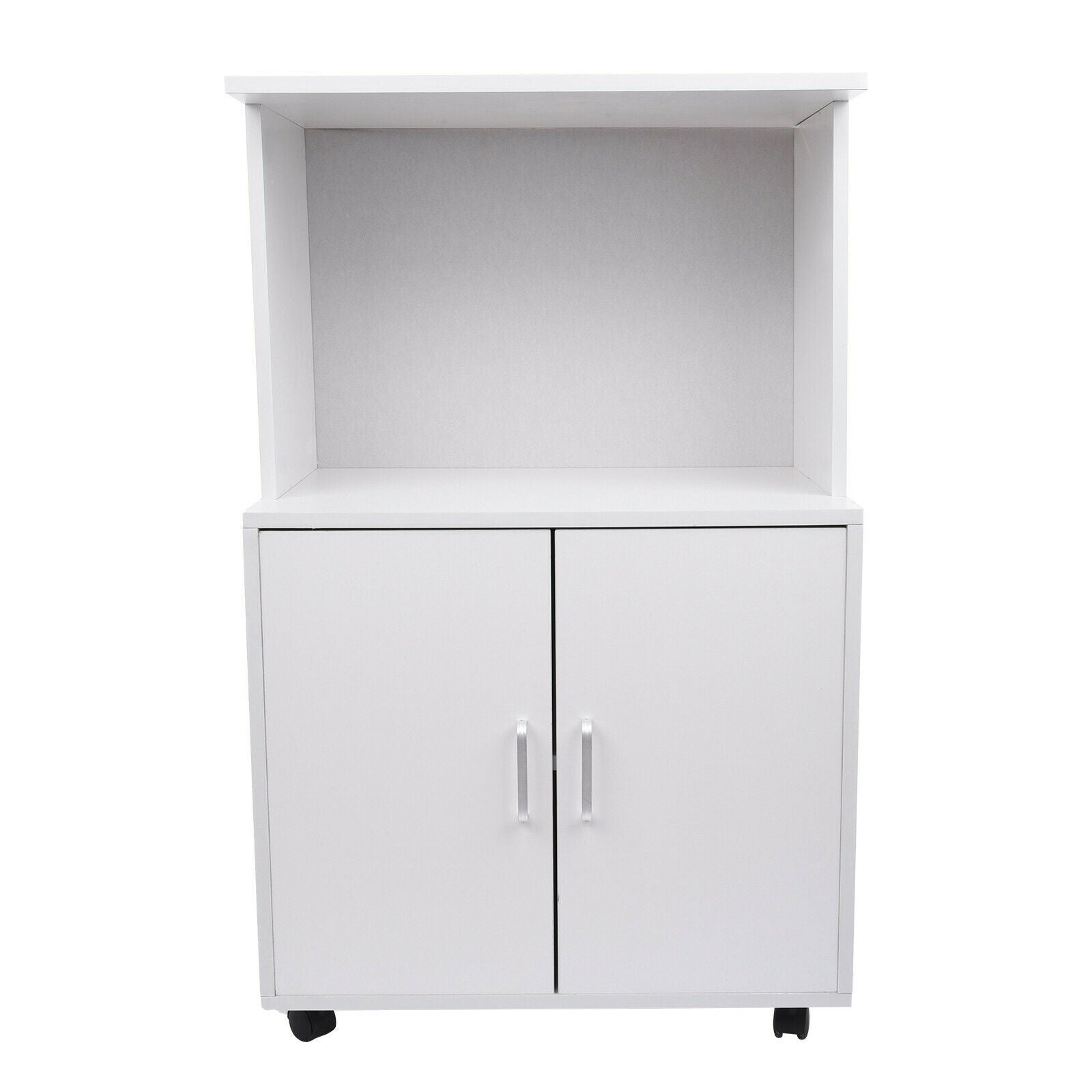 Rolling Kitchen Trolley Microwave Cart 2-Door Cabinet Shelves Gray White UK