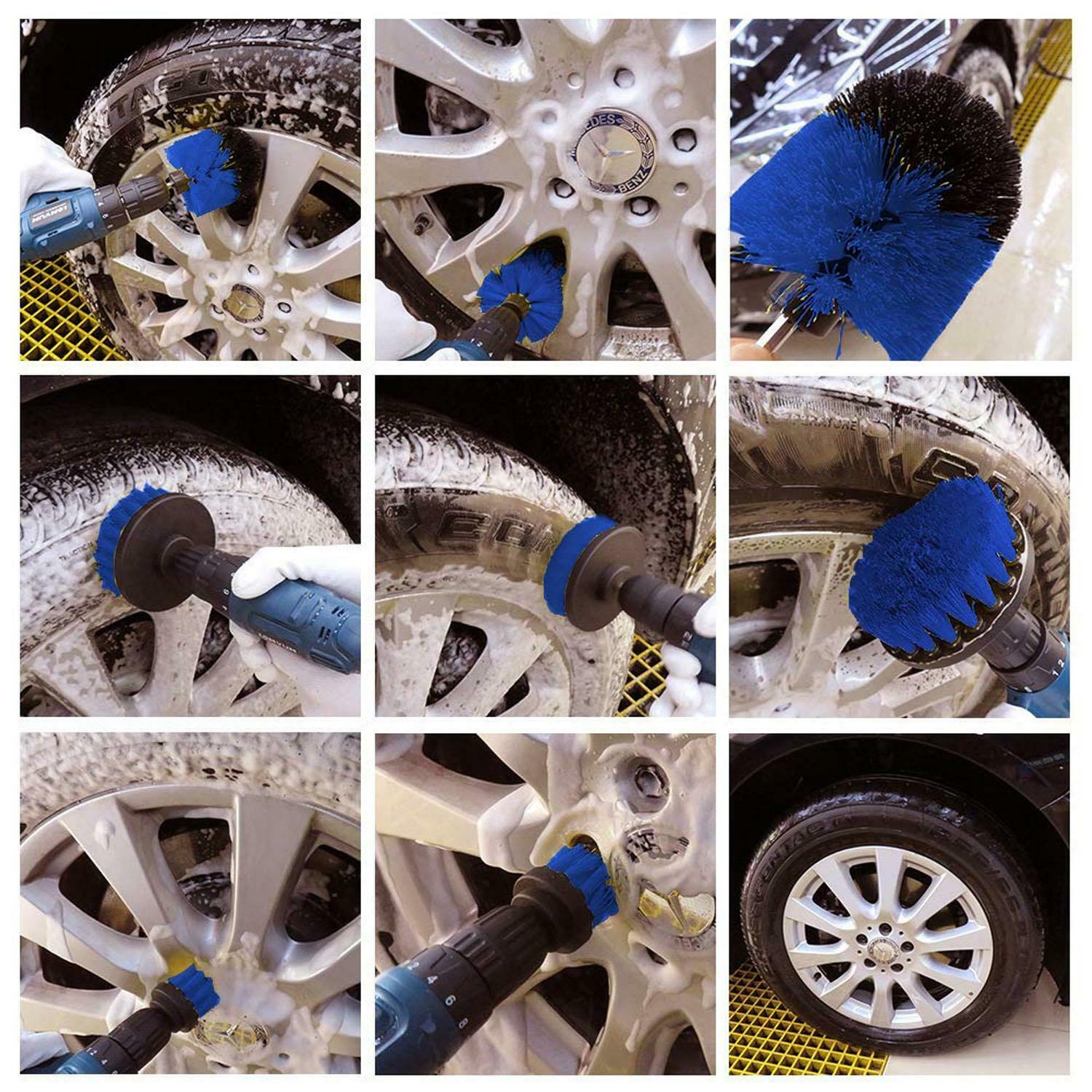 3 x DRILL ATTACHMENT CLEANING BRUSH SET POWER SCRUB HOME CAR TILE BATHROOM BLUE