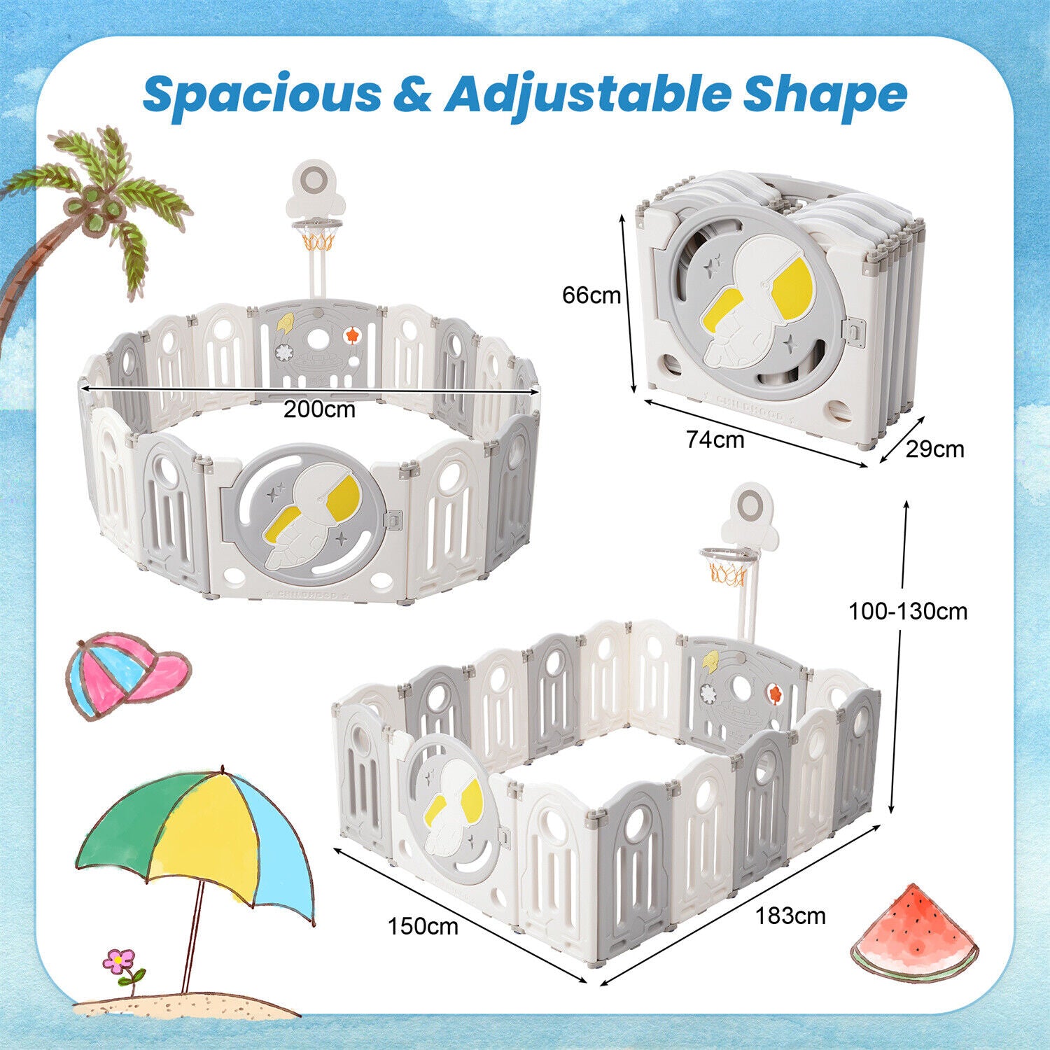 Foldable Baby Playpen with Activity Panel and Basketball Hoop 16 Panels Grey HT