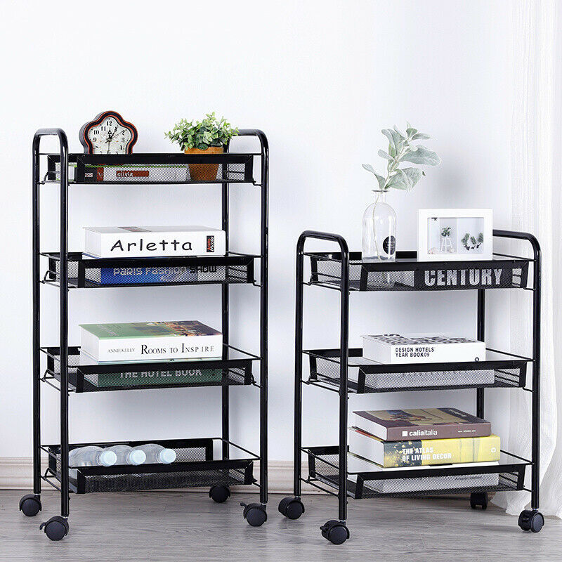 3 4 Tier Metal Mesh Rack BarStorage Trolley Cart Kitchen Bathroom Shelf w/Wheel