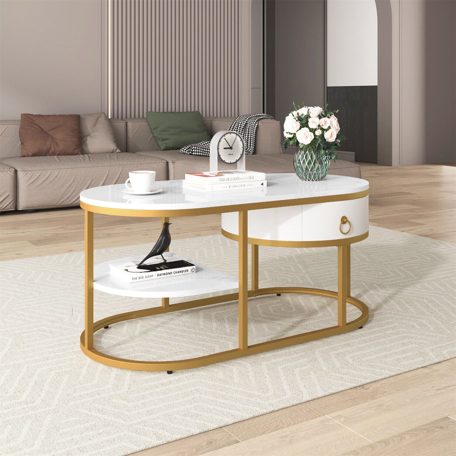 2-Tier Coffee Table Marble Effects Cocktail Table Accent Table with Drawer HT