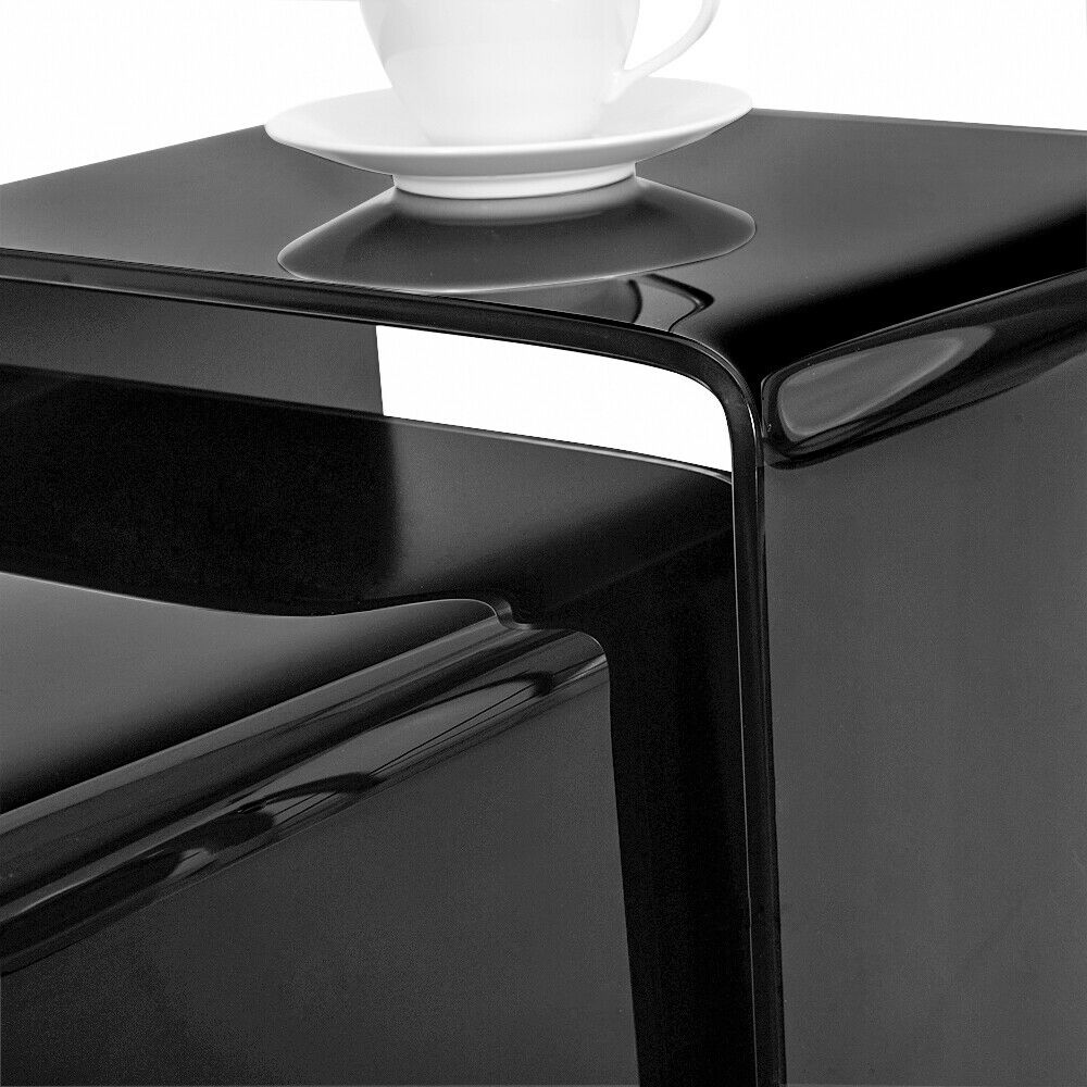 Set of 3 Glass Nest of Side Tables for Cafe Home Tea Coffee Curved Glass Table