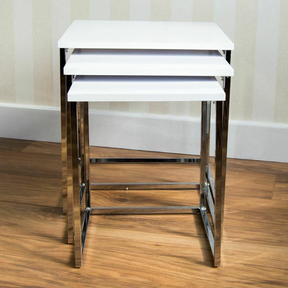 Nest of 3 Tables White Chrome Set Coffee Side Lamp Living Room Units