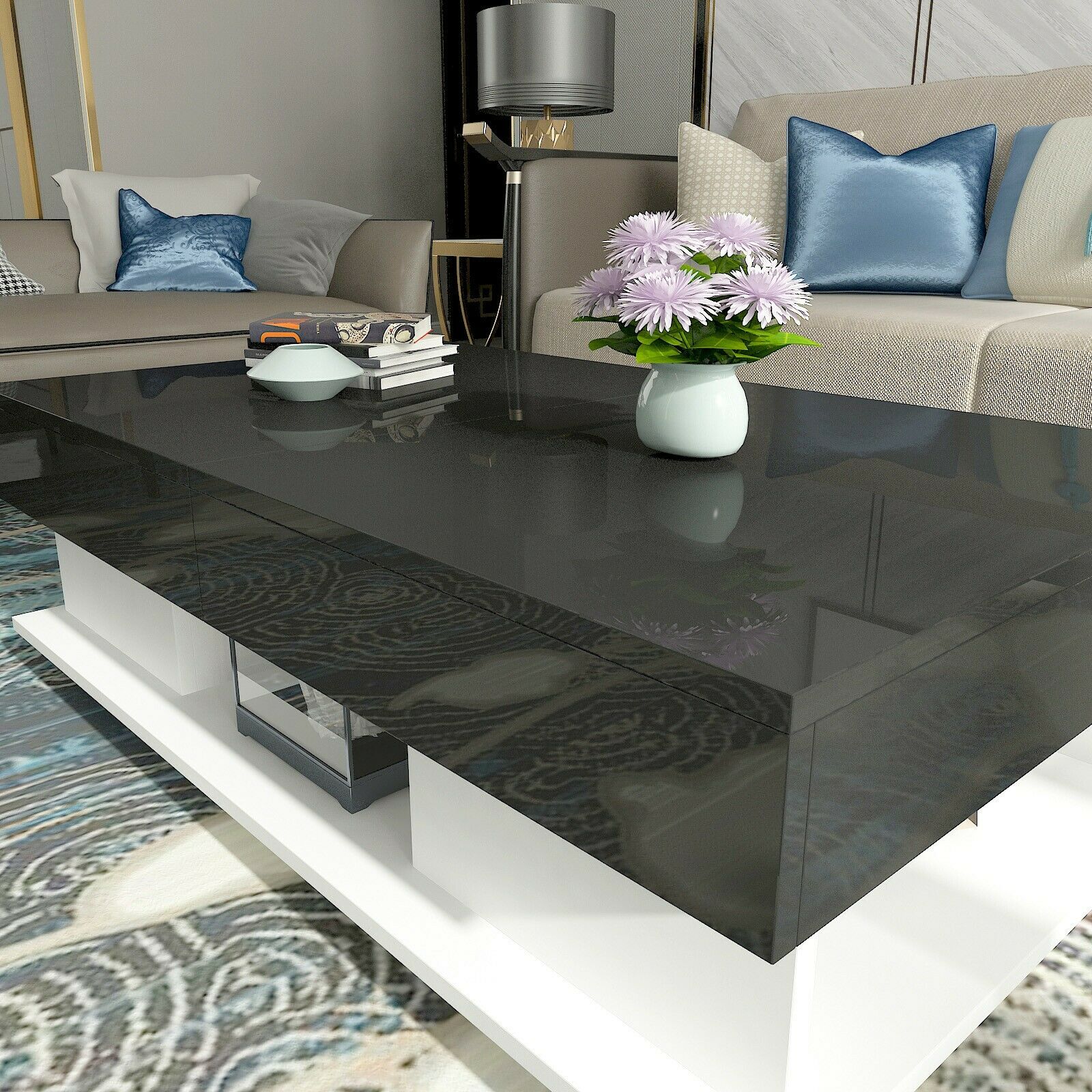 Modern High Gloss Coffee Tables End Side Table 2 Drawers Living Room White/Black