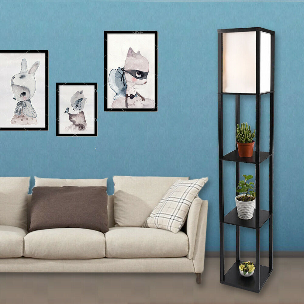 3-Tier Shelf Floor Lamp w/Shade Standing Light Open Shelves Storage Living Room