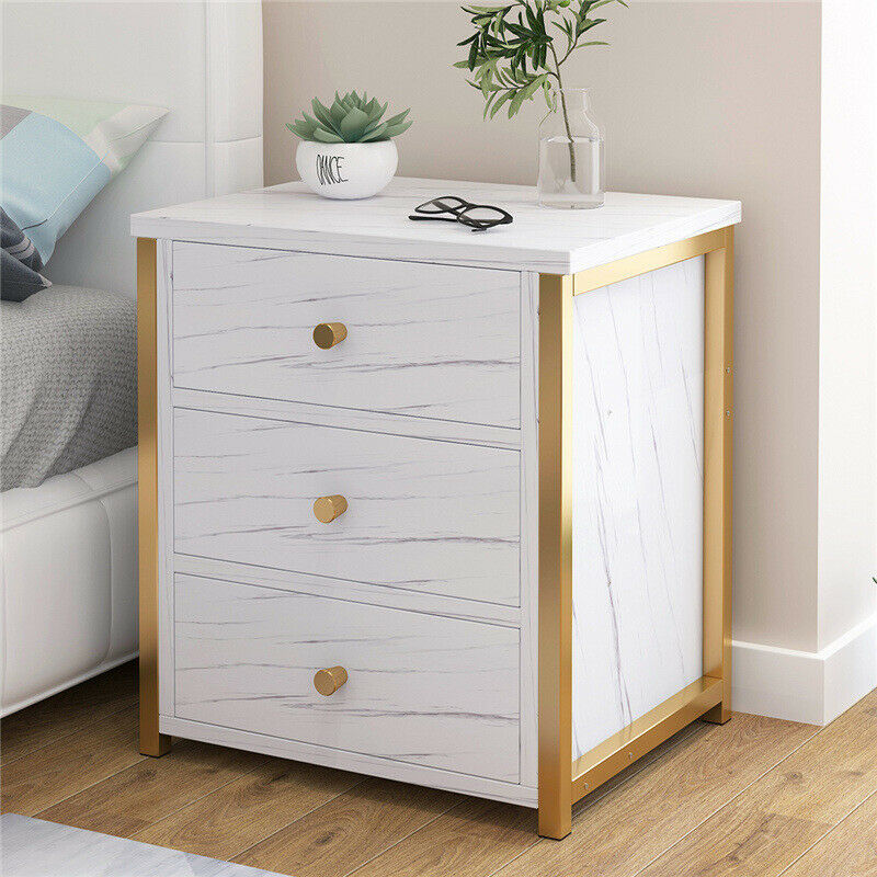 3 Drawers Bedside Table Nightstand Cabinet Bedroom Storage Home White Marble UK