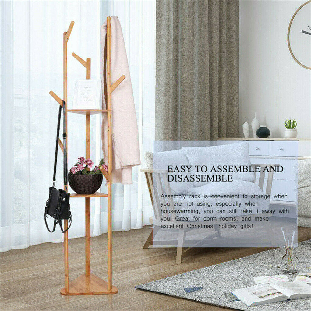 Natural Bamboo Coat Rack Stand Clothes Hanger Hat Jacket Bag Umbrella Scarf Hook
