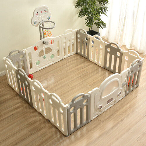 14 Panels Foldable Baby Playpen with Activity Panel & Basketball Hoop Grey HT