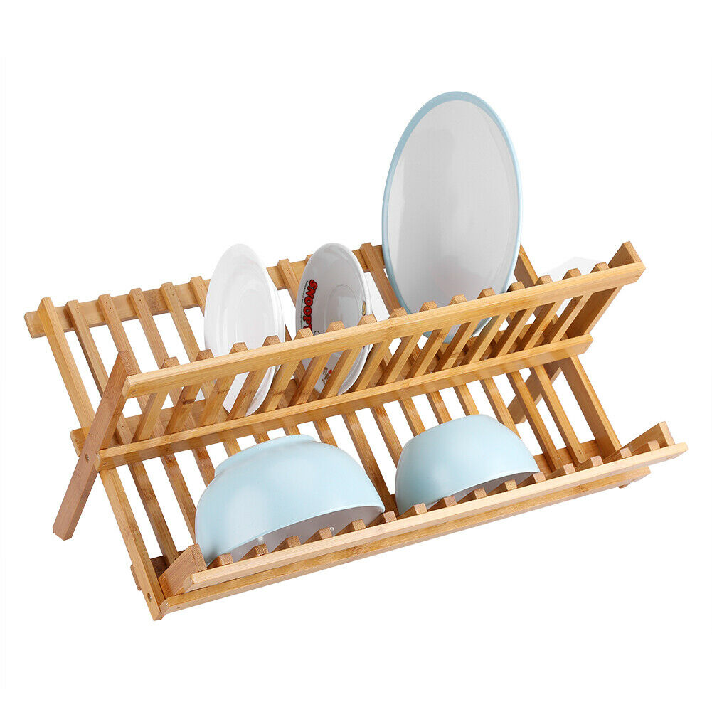 Folding Bamboo Wooden Draining Rack Dish Drainer Plate Washing Up Counter Sink