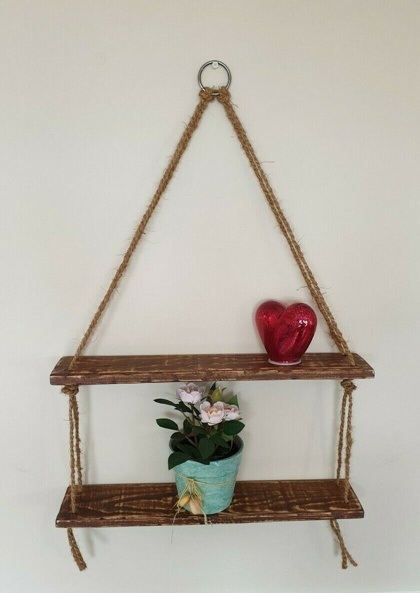 Rustic Vintage Shelves Handmade Wooden Natural Wood Floating Hanging Rope Shelf