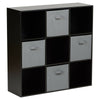 BLACK 9 CUBE MODULAR SHELVING DISPLAY UNIT 4 x GREY FABRIC STORAGE BOX