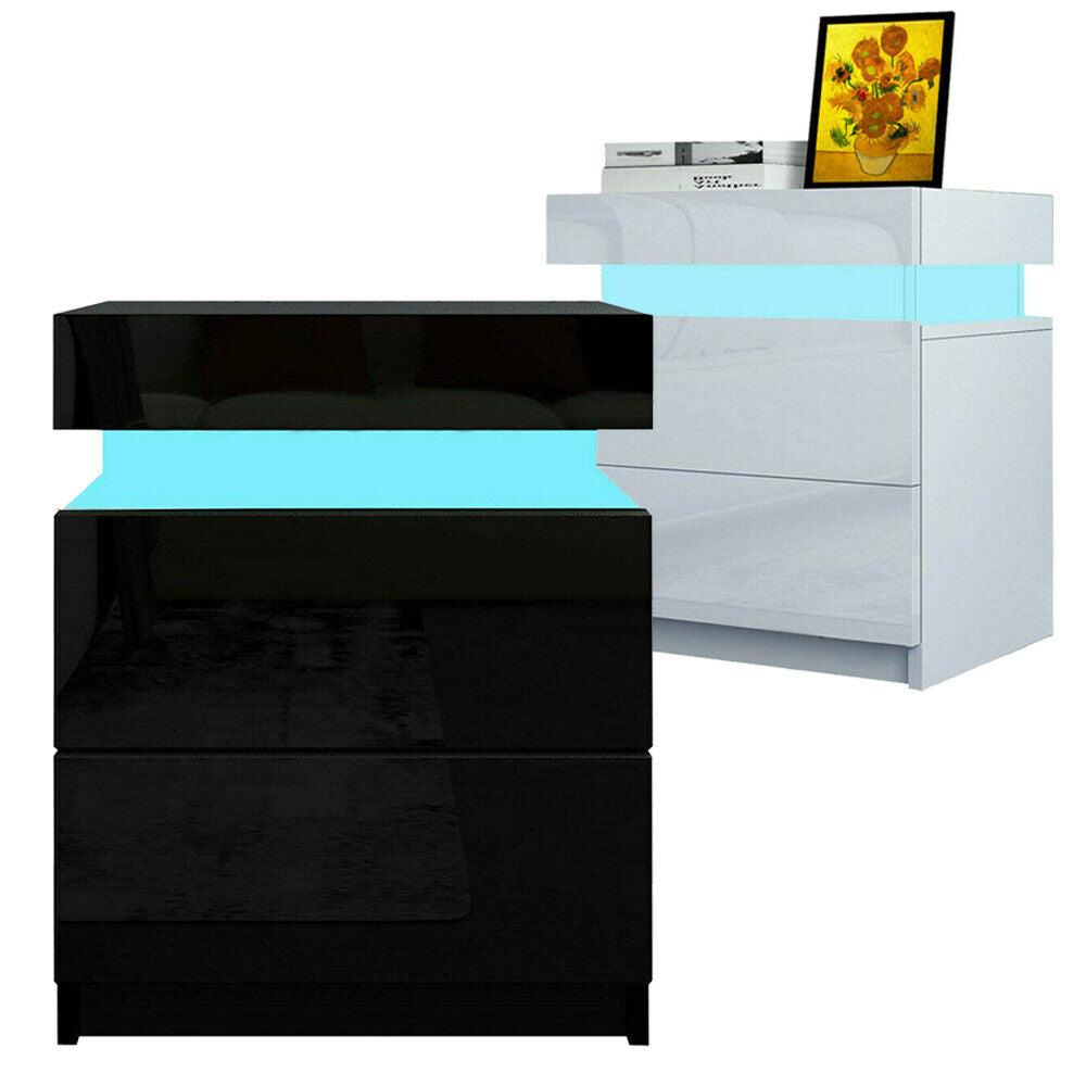 High Gloss Bedside Table Nightstand Chest Cabinet Unit with Drawers LED Lighting