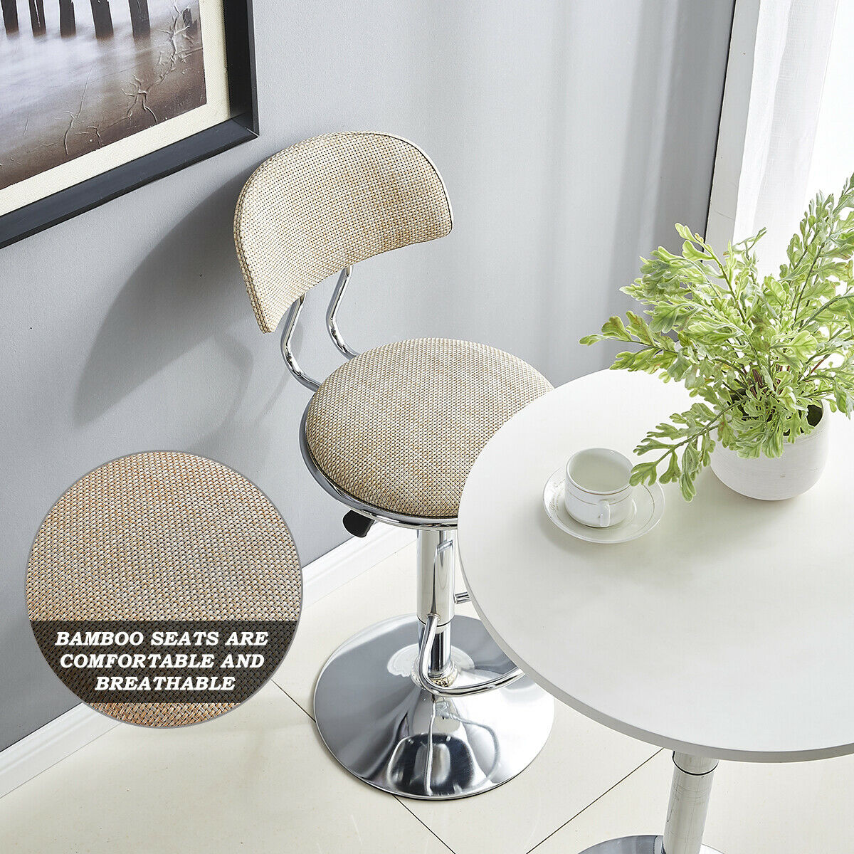 Bar Stools x2 Beige Swivel Barstools Gas Lift Rest Pub Chairs Kitchen Breakfast