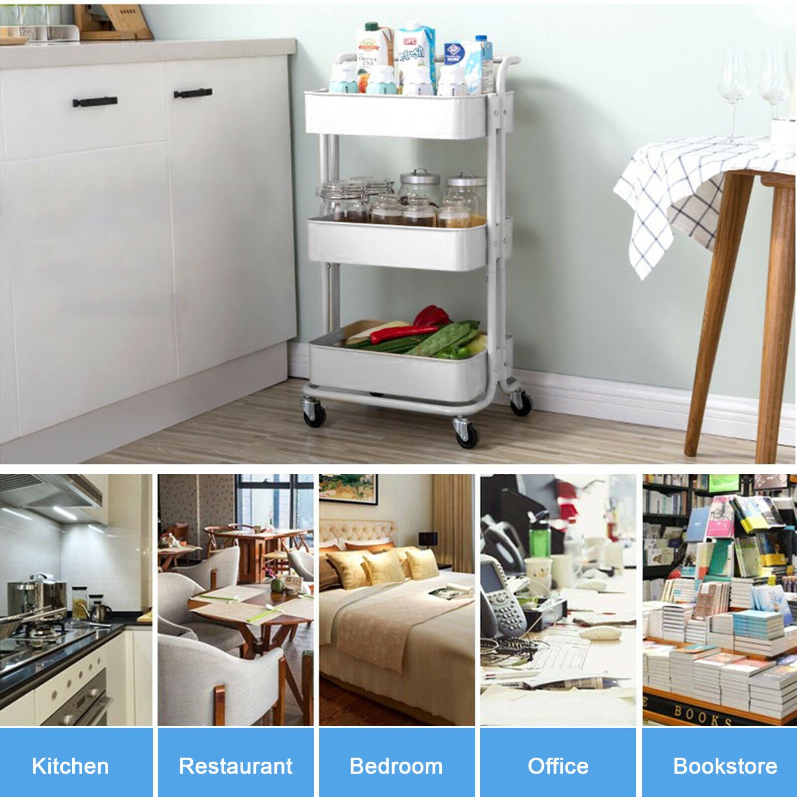 3 Tier Slim Kitchen Storage Trolley Cart Rack Tray Shelf Rolling Wheel W/ Handle