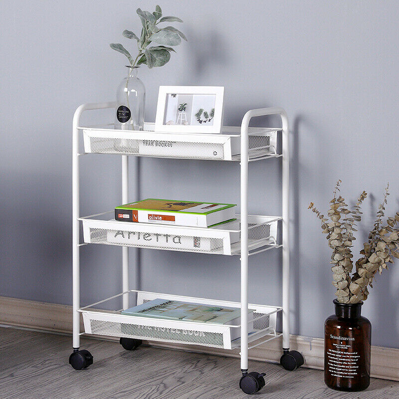 3/4 Tier Rolling Cart Kitchen Bathroom Storage Trolley Rack Metal Mesh Shelf