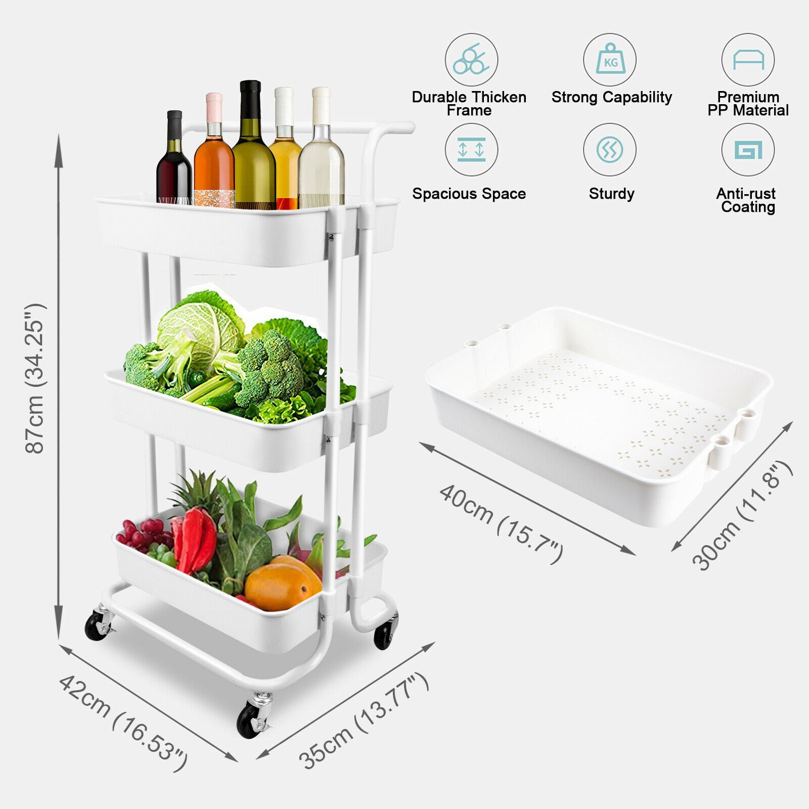 3 Tier Slim Kitchen Storage Trolley Cart Rack Tray Shelf Rolling Wheel W/ Handle