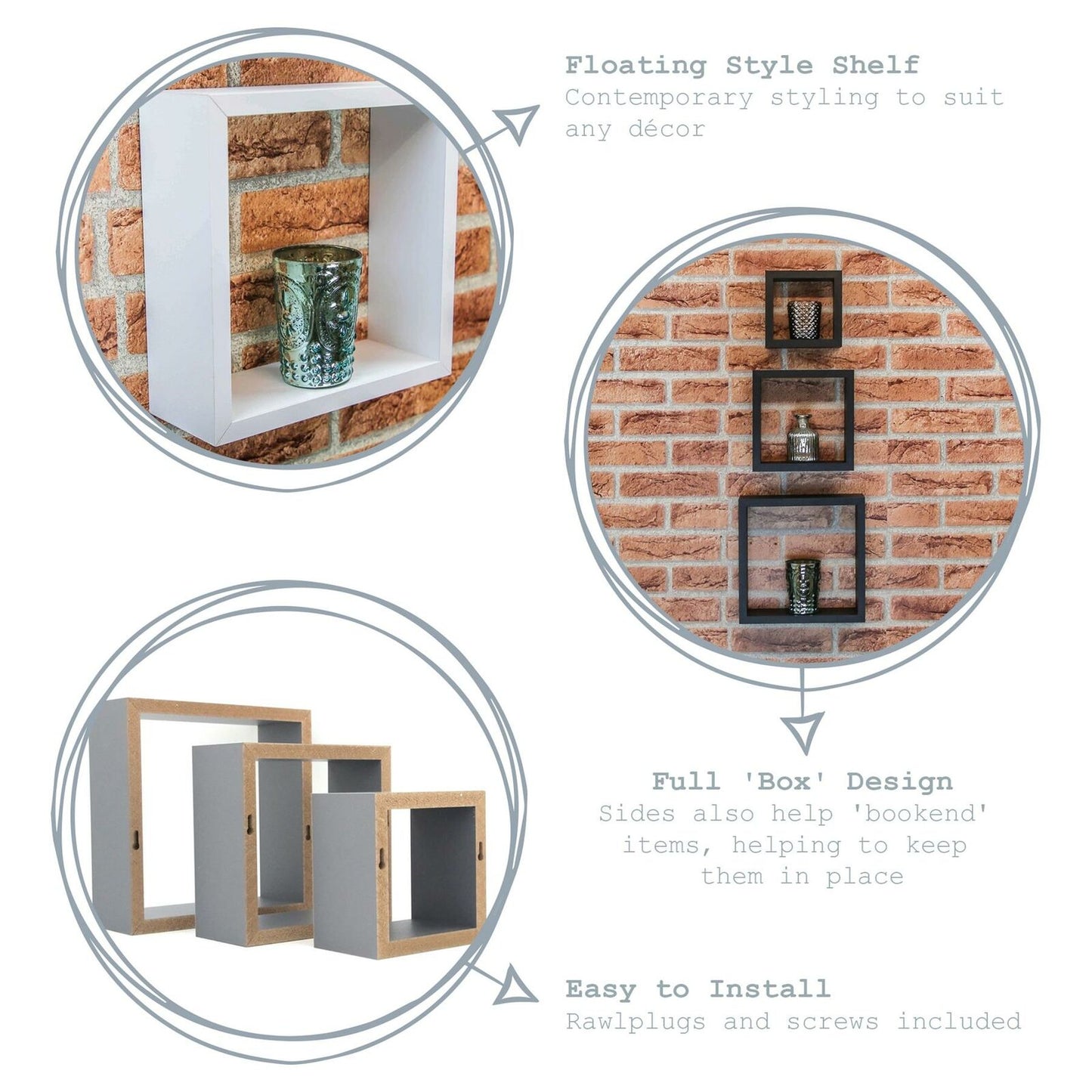 Square Display Shelves Floating Wooden Wall Storage - 3 Sizes - Grey - Set of 3