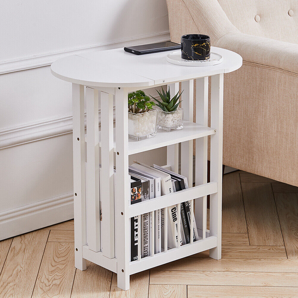 Drop Leaf Table Foldable Magazines Rack Shelf Sofa Side End Storage Stand White