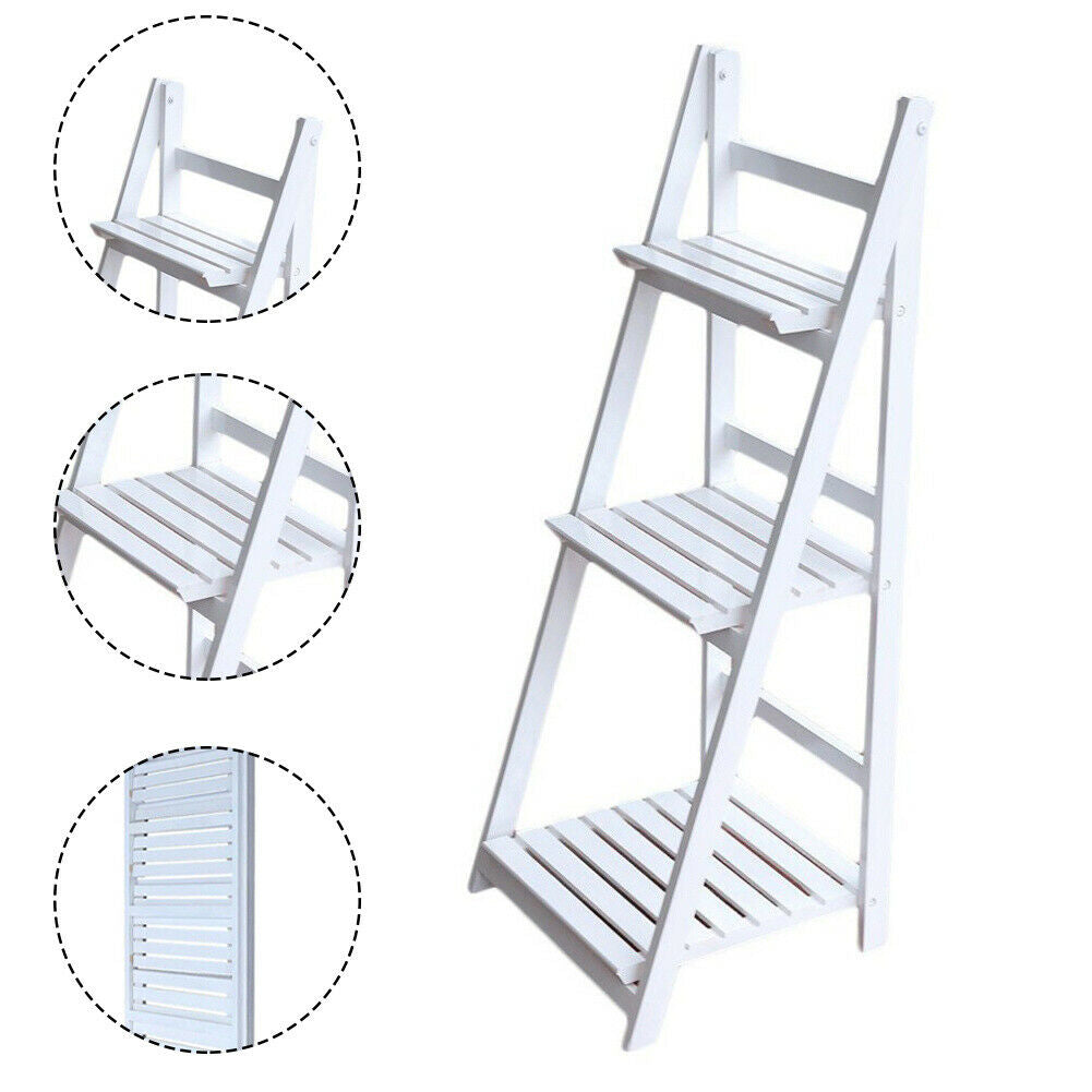 3 Tier Wood Folding Ladder Shelf Flower Plant Pot Stand Storage Display Shelving (White 3 Tier Ladder Shelf 42x40x107cm)