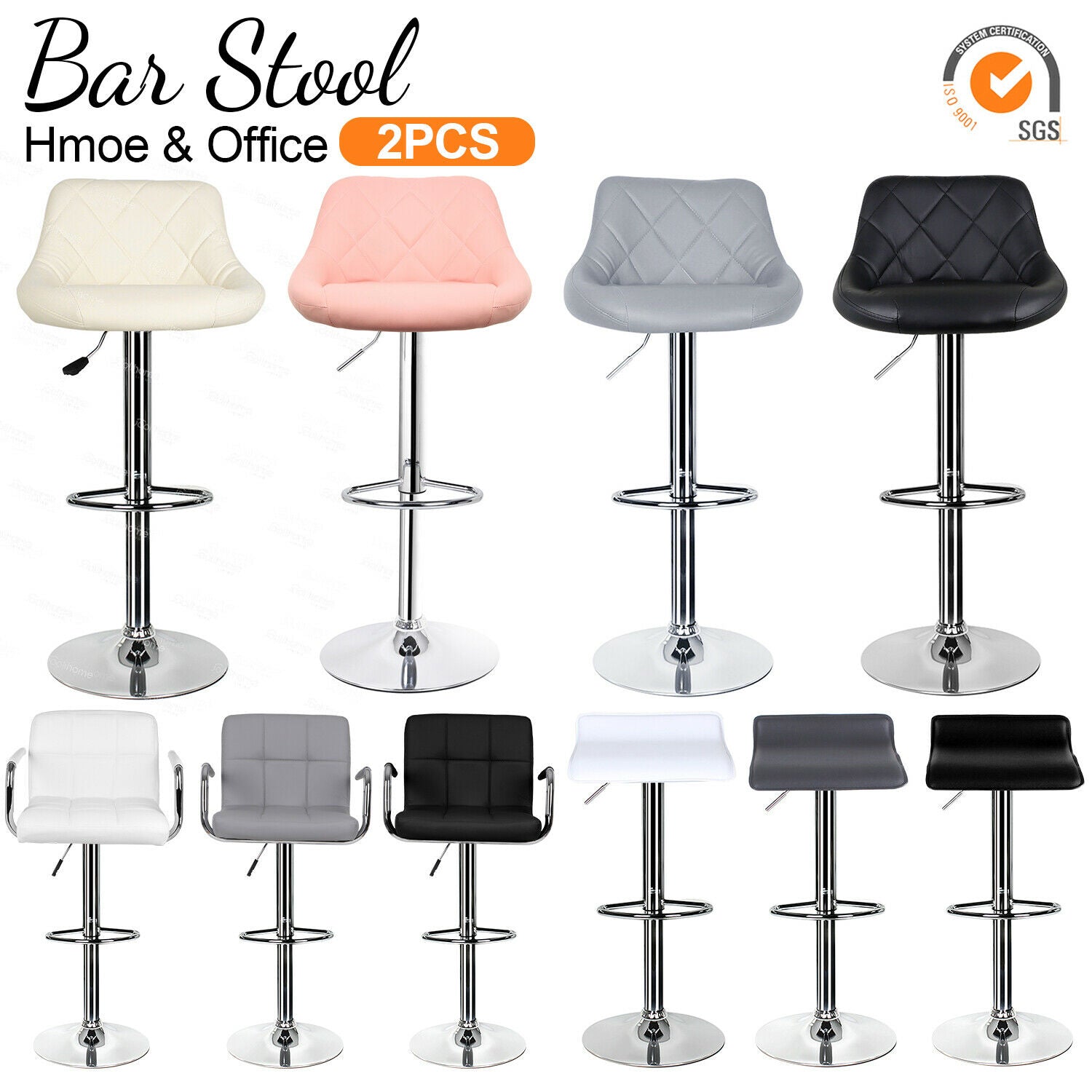 2×Bar Stools Leather Chairs Breakfast Chairs Swivel Gas Lift Kitchen Cushioned