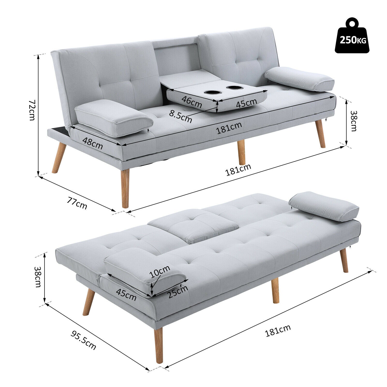 3 Seater Sofa Bed Scandi Style Recliner Adjustable Back Middle Table