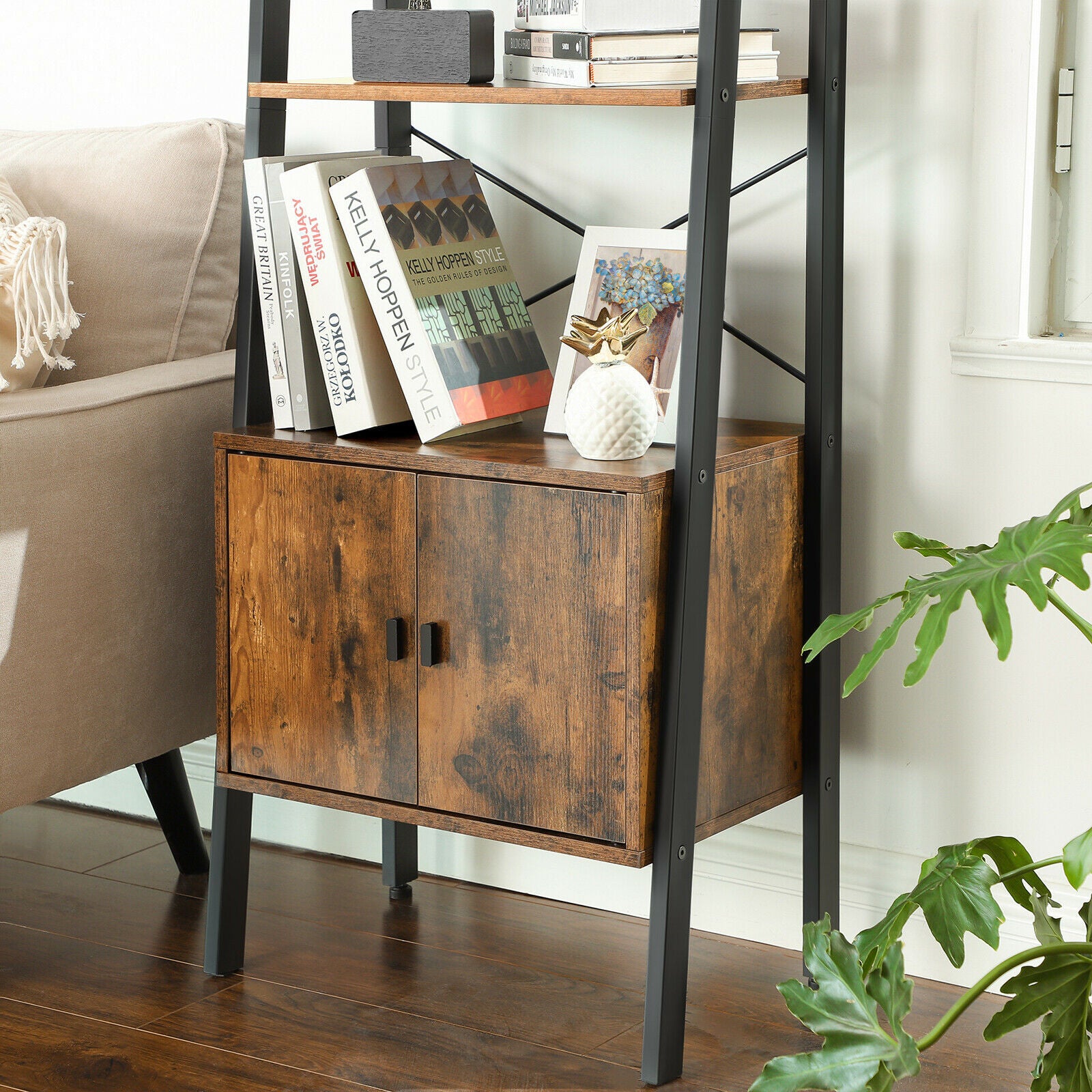 Ladder Shelf Bookshelf Rack Stand with Cupboard 4Shelves Storage Display