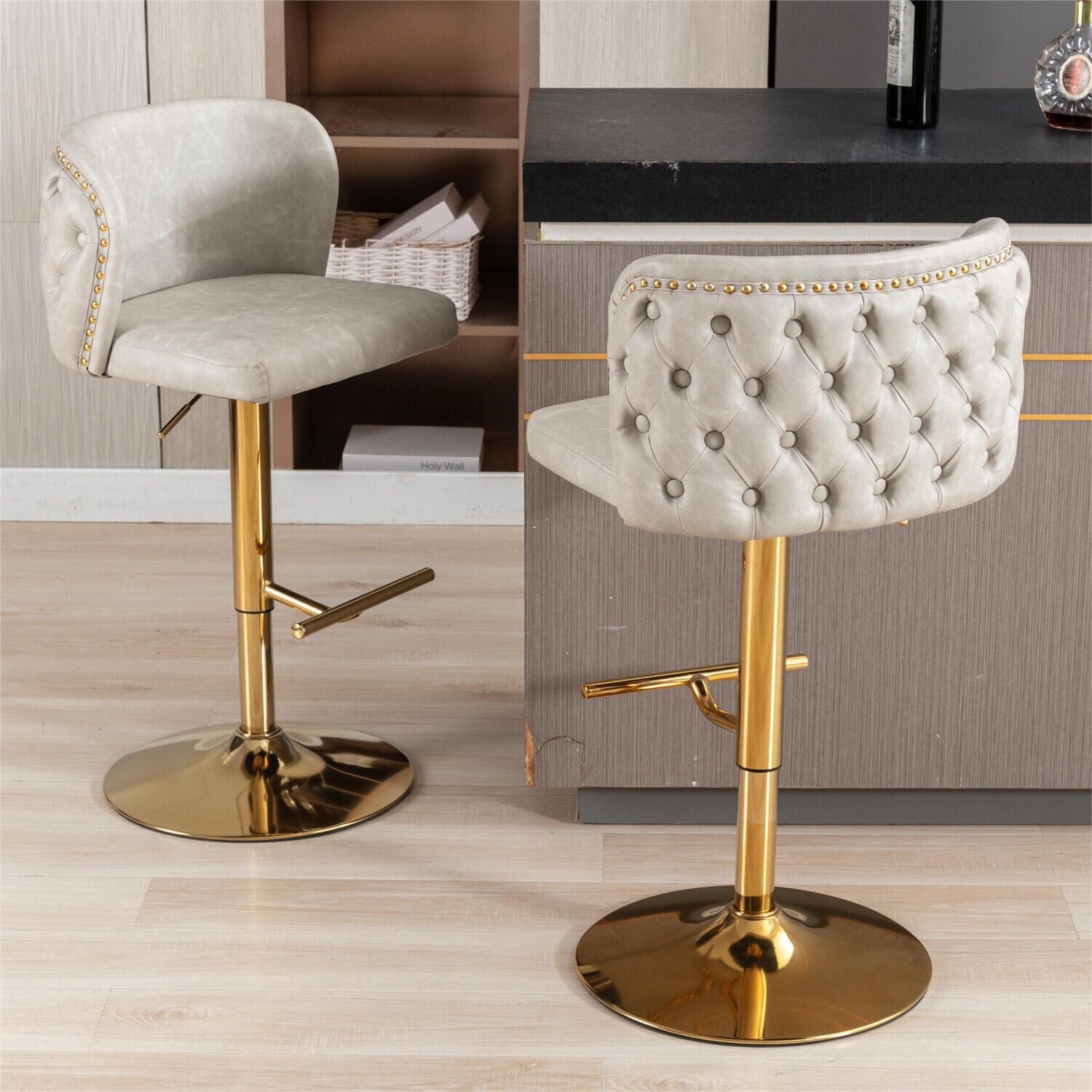 Modern Set of 2 Bar Stools 360° Swivel Swivel PU Leather Pub Bar Chairs Beige HT