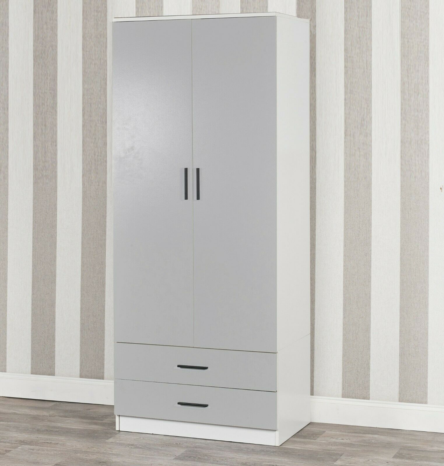 Tall Wooden 2 Door Wardrobe With 2 Drawers Bedroom Storage Hanging Bar Clothes