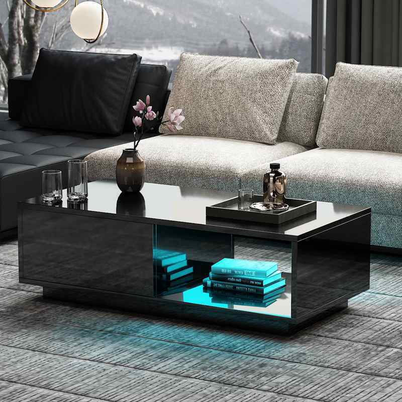 Modern High Gloss Coffee Table With Storage Drawers RGB LED Living Room Wooden